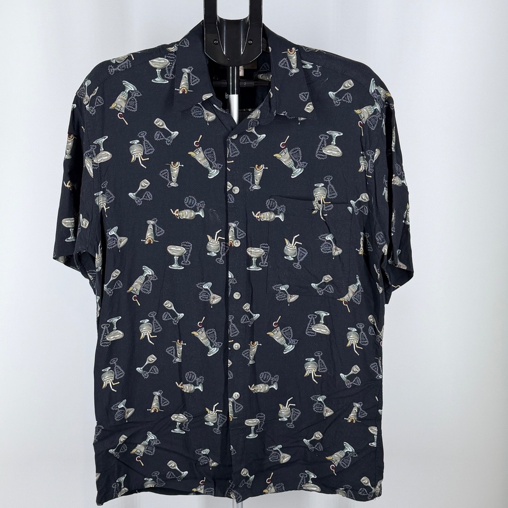 Campia Moda Mens Cocktail Print Rayon Button Down Shirt Black Novelty Size‎ M